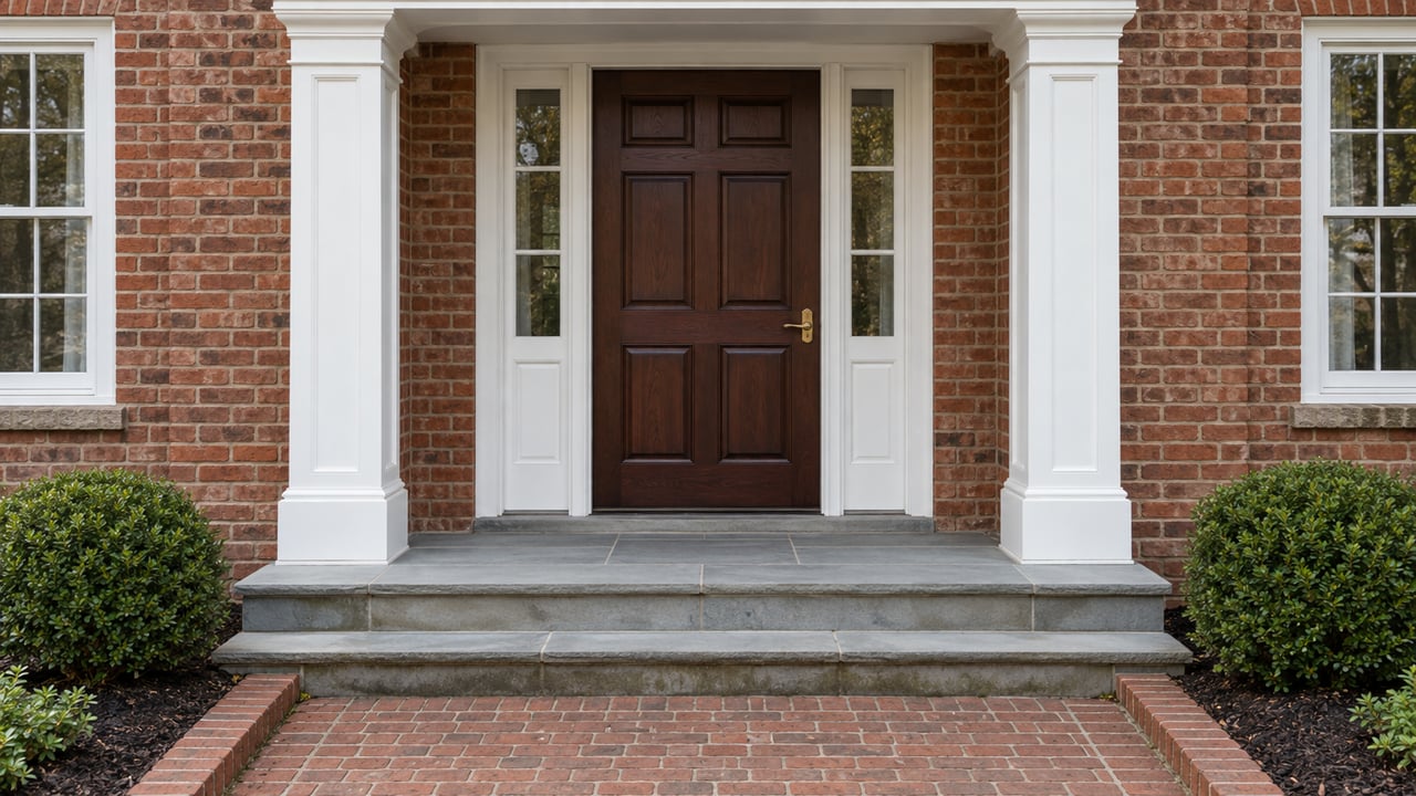 A traditional red-brick entrance with white timber columns, a dark wooden door, paired sidelights and worn sandstone steps.