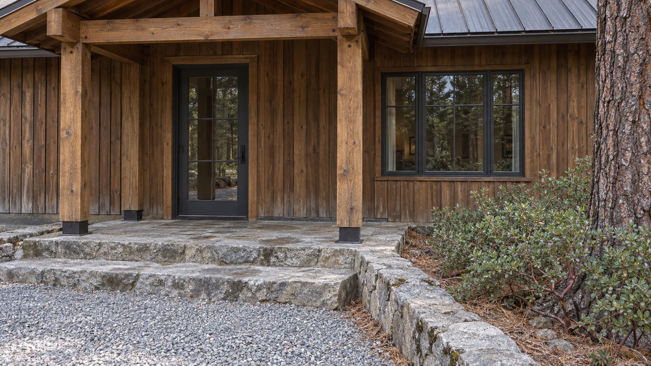 Weathered timber cabin entrance with a glazed door, charcoal-framed window, granite steps and a gravel approach beside a pine trunk and manzanita.