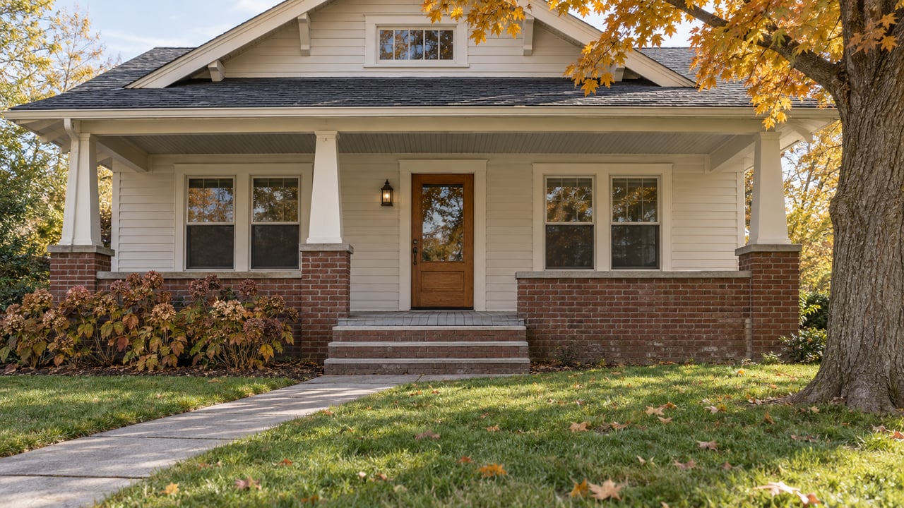 Cream clapboard bungalow with a brick-based covered porch, autumn maple canopy and a short concrete front walk.