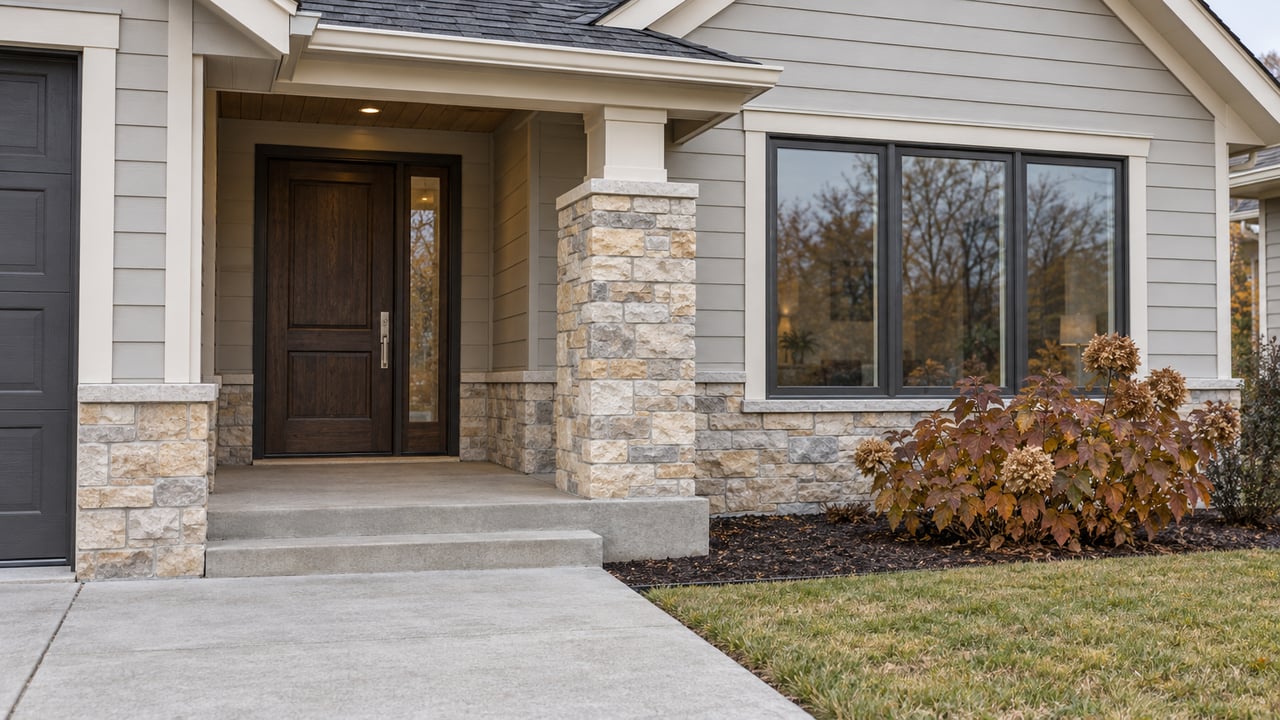 Covered entry of a gray-sided home with limestone porch pier, dark oak door, concrete steps and copper-leaved oakleaf hydrangea.