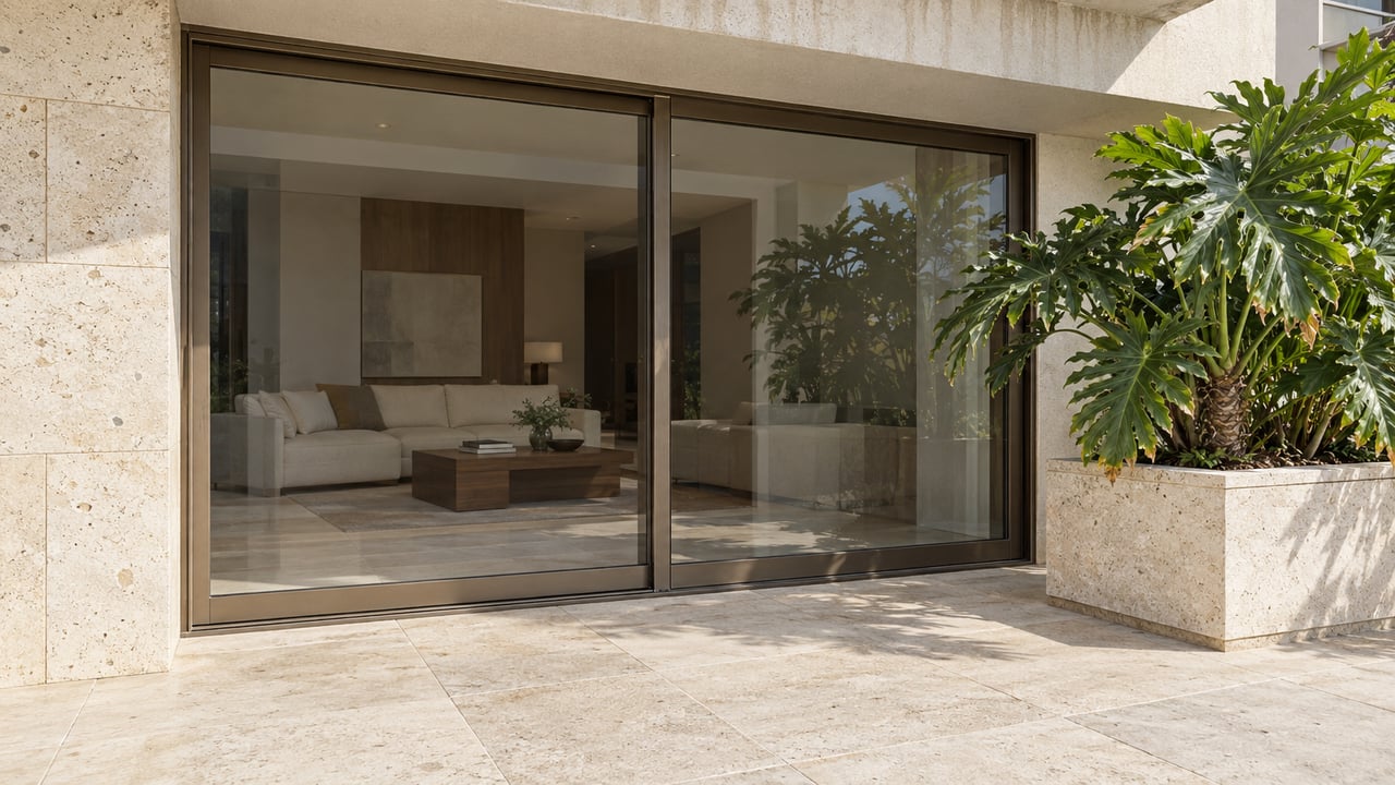 Sunlit limestone and pale stucco frame a closed glass terrace entrance beside a sculptural philodendron in a stone planter.
