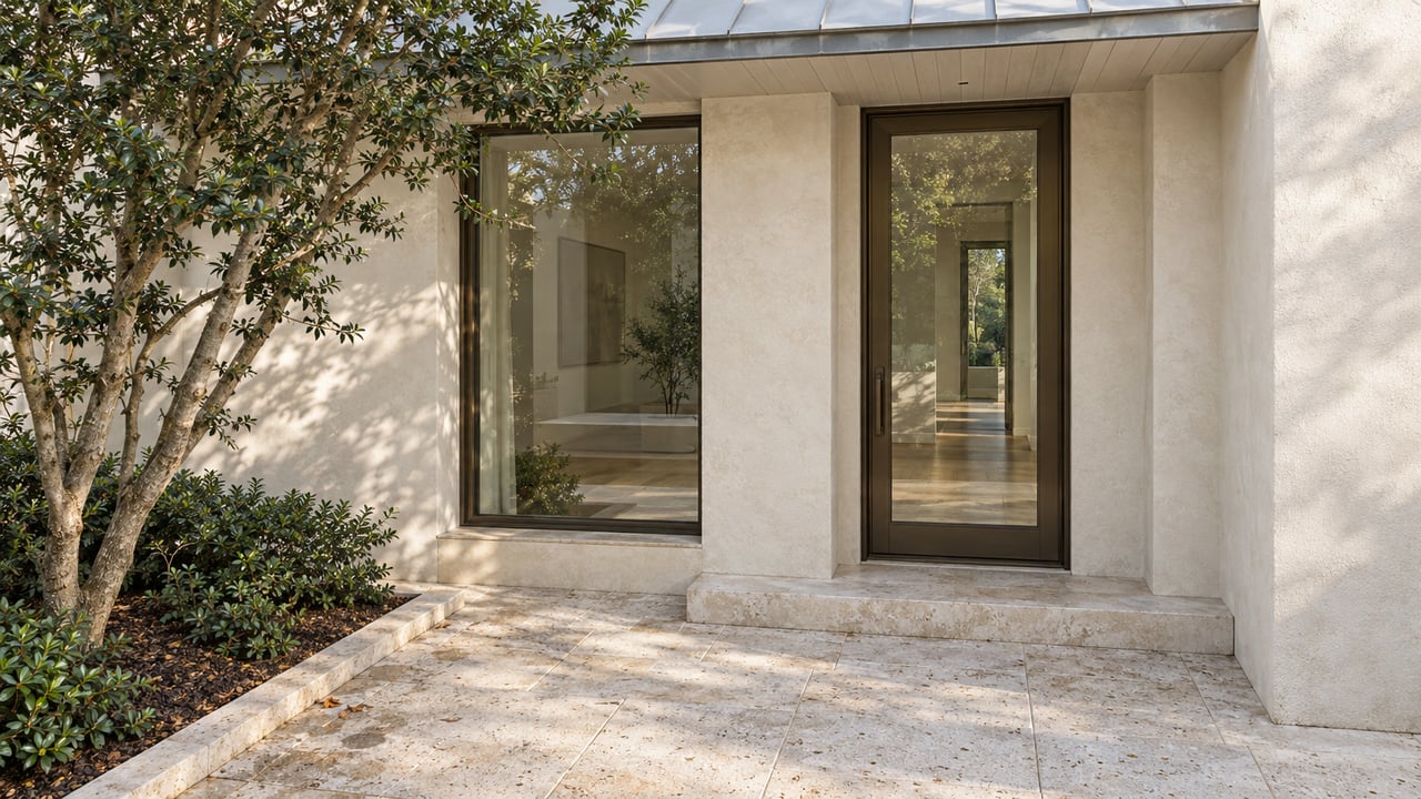 Cream stucco entrance with bronze-framed glass, shell-limestone steps, and a sculptural yaupon holly in a small courtyard.
