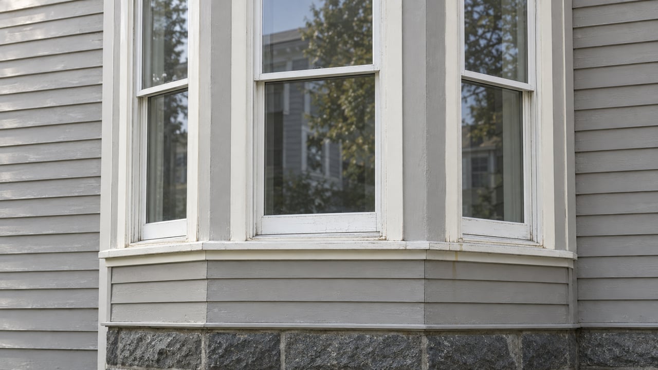 Three-window bay with muted gray clapboard siding above a dark granite foundation.