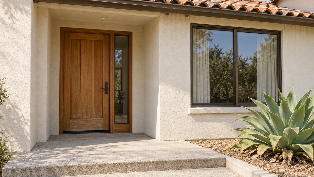 Sunlit stucco home entrance with a recessed oak door, terracotta eave, bronze-framed window and sculptural agave beside a concrete landing.
