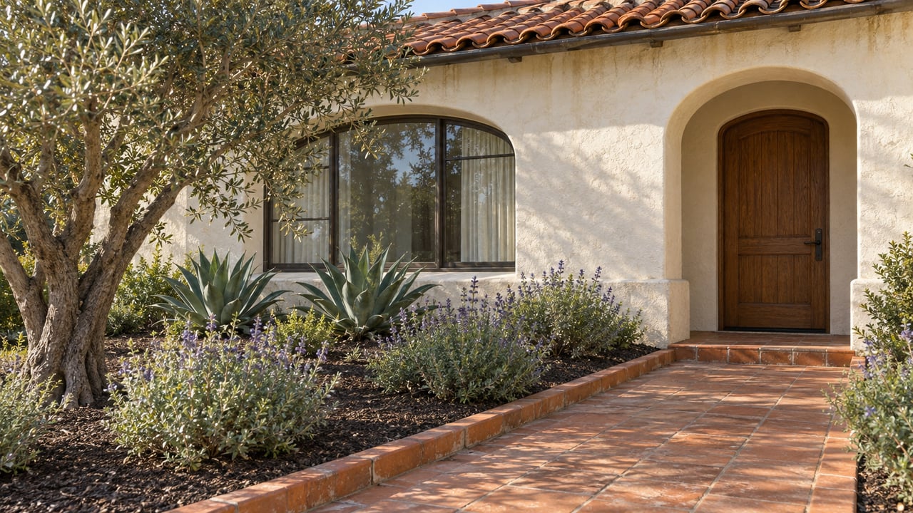 Morning light on a cream stucco home with clay roof tiles, an arched oak entry, terracotta paving, an olive tree and sculptural planting.