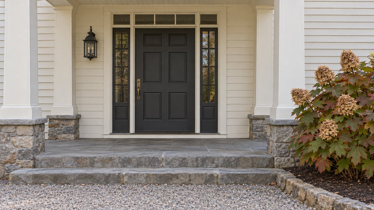 Ivory clapboard entrance with a dark paneled door, paired sidelights, bluestone steps, and autumn oakleaf hydrangea.