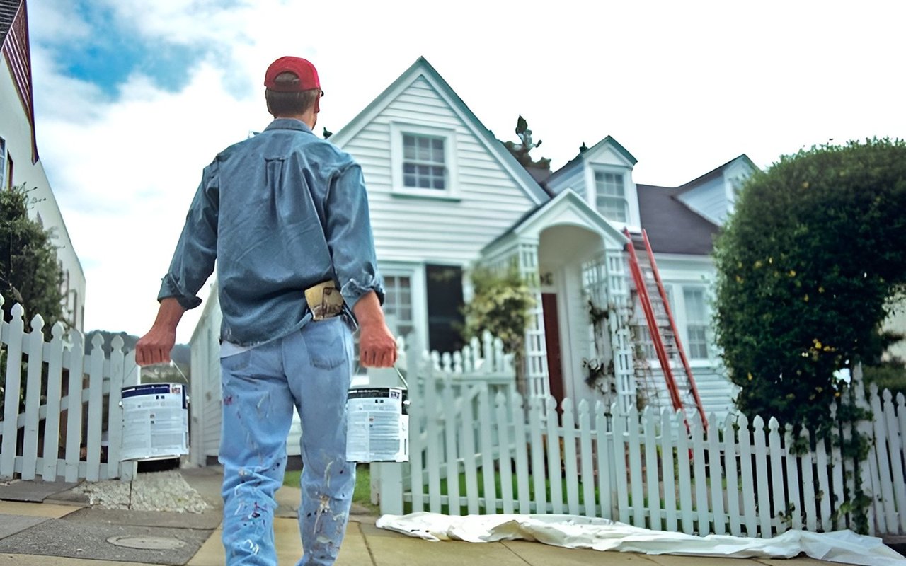 A worker carrying paint buckets approaches a white house with a picket fence and ladder.