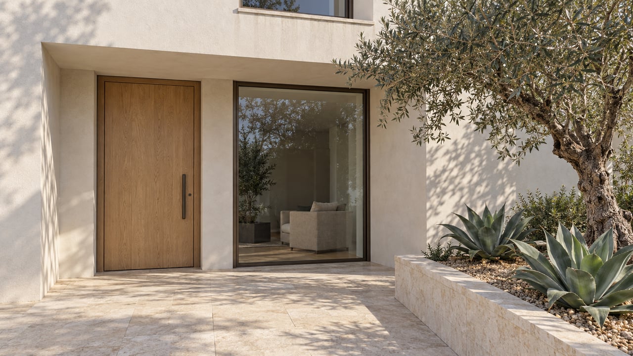 Ivory stucco home with a pale oak entry door, bronze-framed glazing and limestone approach beside a sculptural olive tree and two agaves.