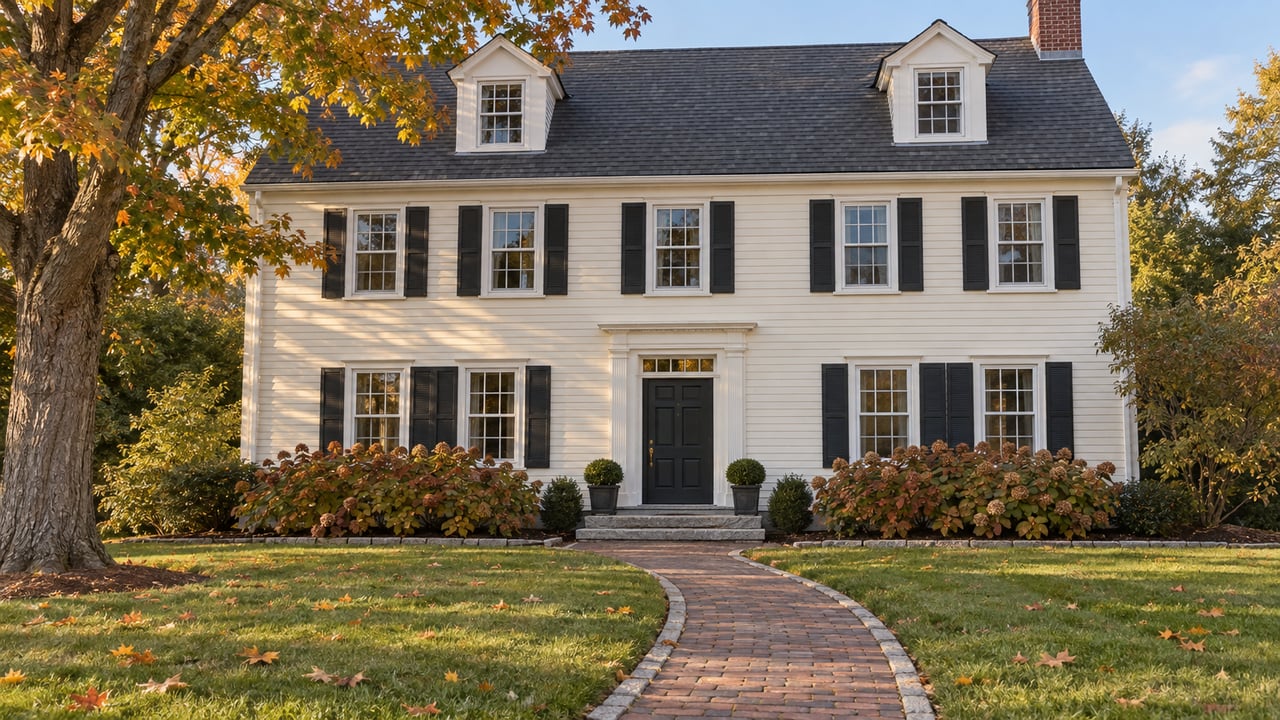 An ivory clapboard home with dark shutters, a brick walkway and a deep lawn beneath an autumn maple.