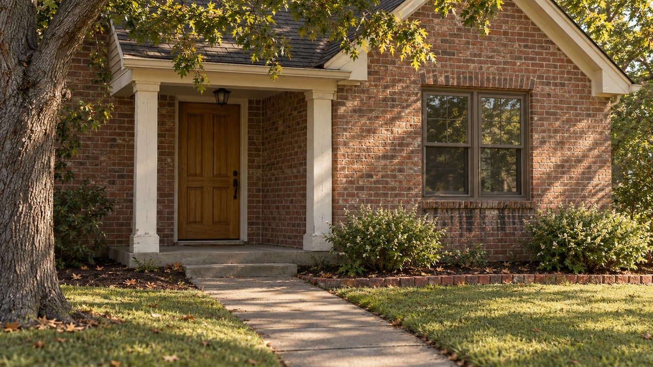 Compact brick house with a recessed timber-post entry, oak canopy, short walkway, and narrow lawn.