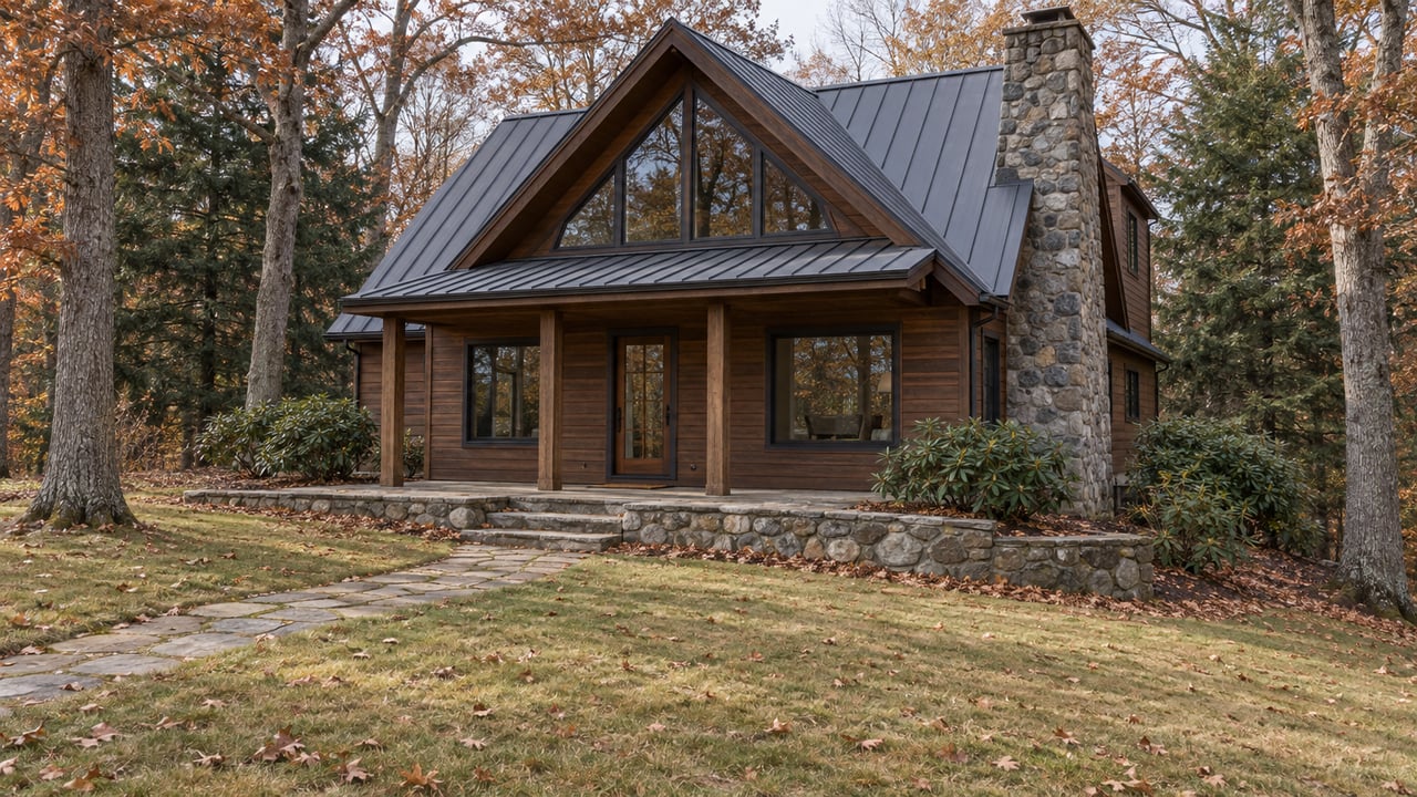 Timber home with a steep dark roof, fieldstone chimney and covered entry above a sloping autumn lawn framed by oak and hemlock trees.