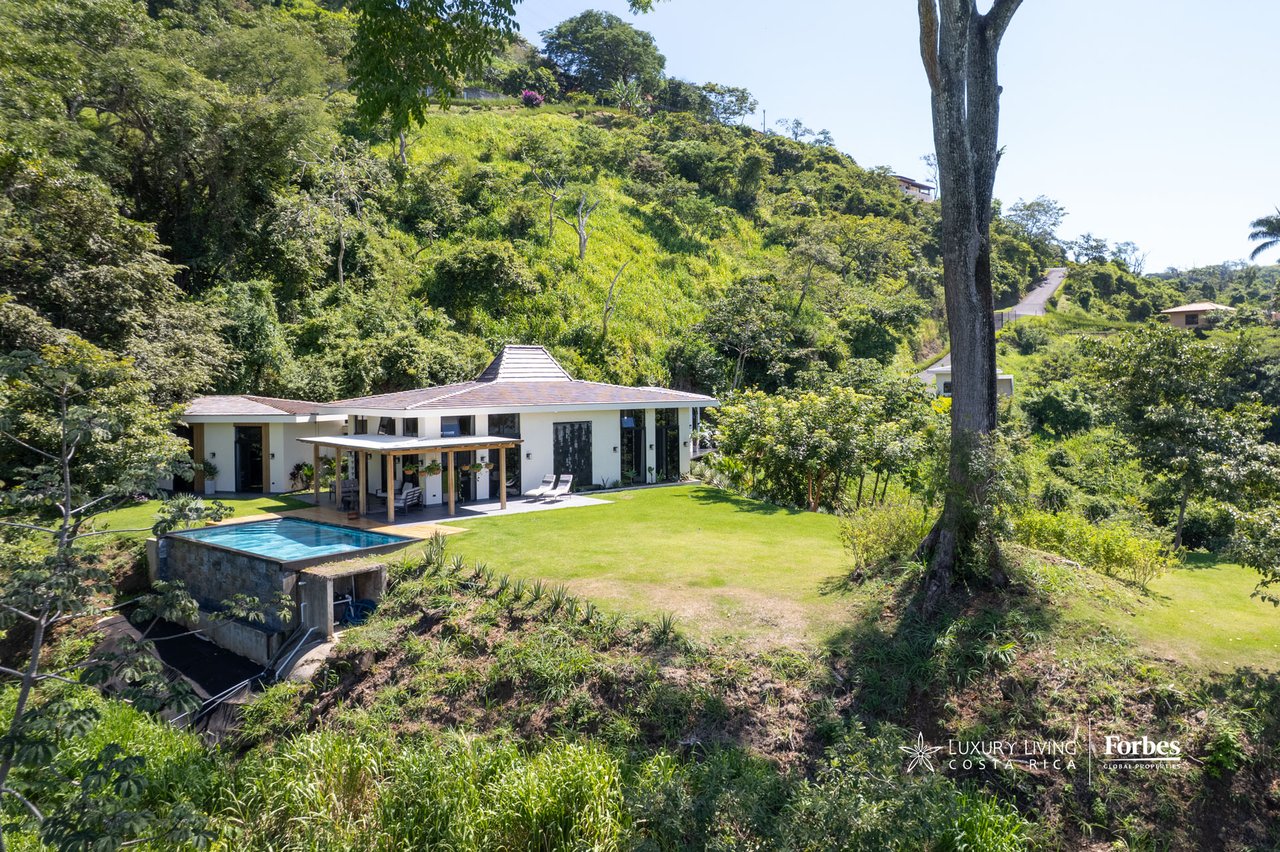 Modern white home on a green hillside with a covered patio, broad lawn, and infinity pool.