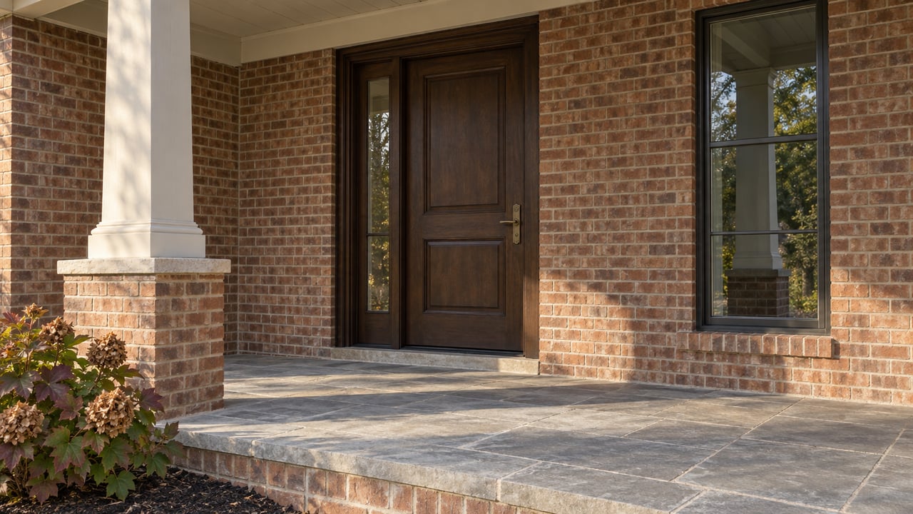 Close architectural photograph of a brick home's shaded porch, dark oak entry door, pale column and limestone paving beside oakleaf hydrangea.