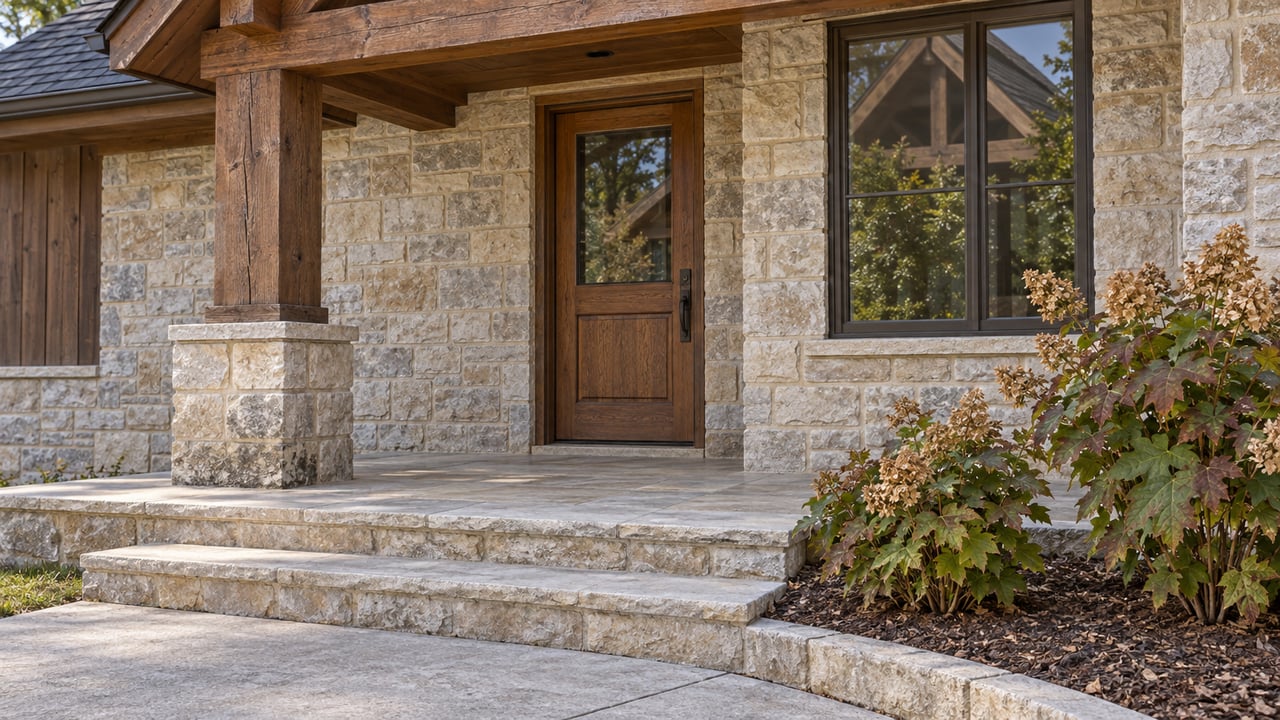 Sunlit limestone and cedar home entry with a timber porch support, oak door and autumn oakleaf hydrangeas beside the stone steps.