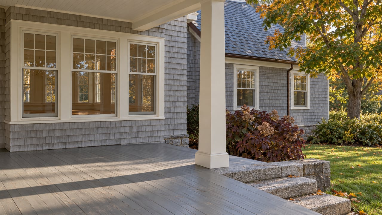 Silver-gray shingle home with a covered porch, glazed sunroom, granite steps and amber autumn foliage.