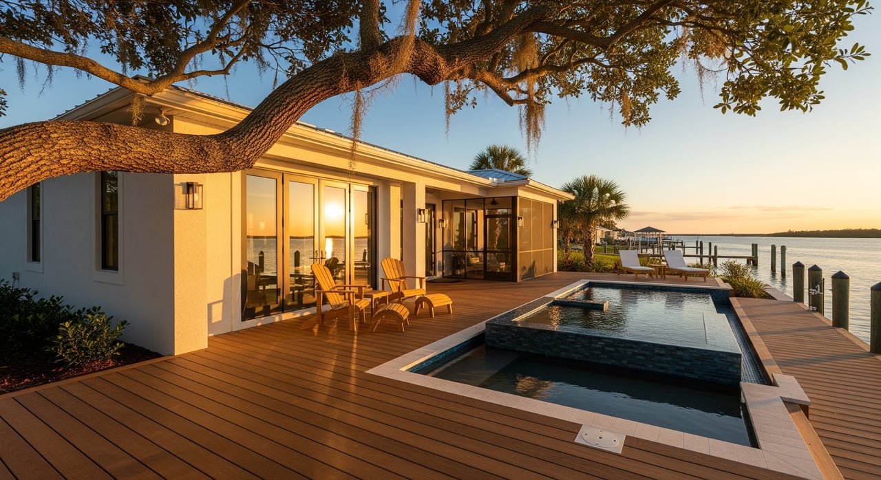 Modern waterfront home with a rectangular pool, wooden deck, glass doors, and a broad oak tree at sunset.