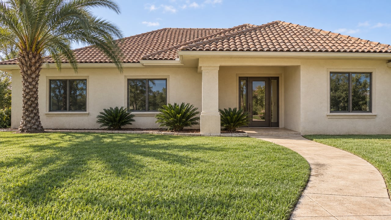 Ivory stucco home with a pale barrel-tile roof, bronze-framed windows, deep lawn and a curved paver approach beside a mature palm.