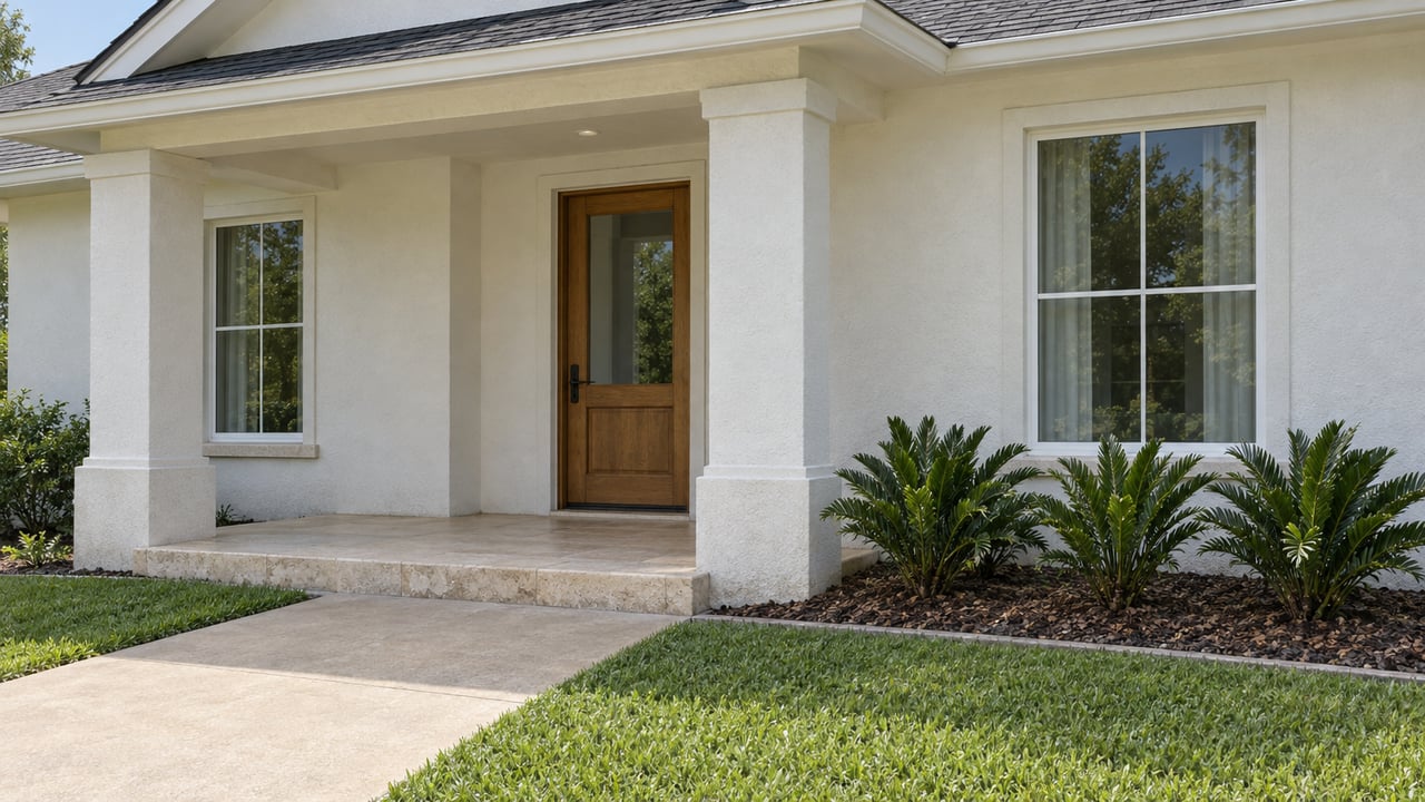 White stucco home with a sheltered oak entry door, pale limestone porch, broad concrete approach and neatly edged lawn.