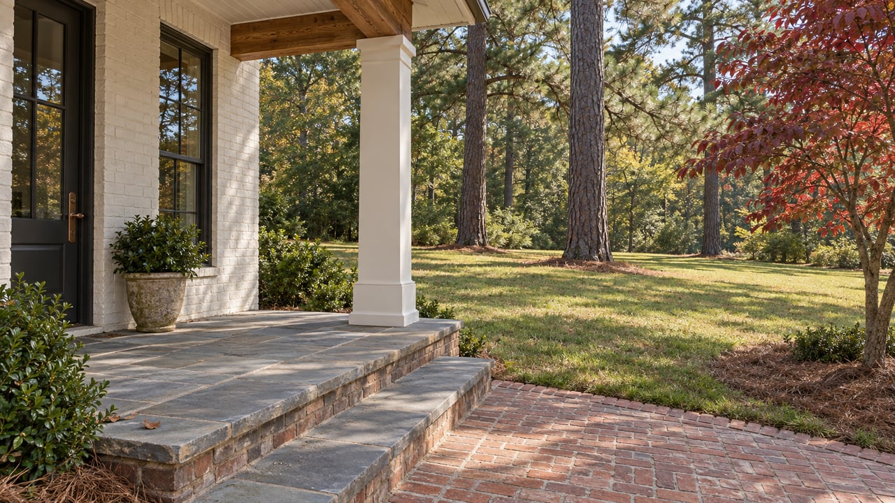 Covered porch with painted brick, gray stone steps and a brick walk overlooking a lawn framed by mature pines and an autumn dogwood.