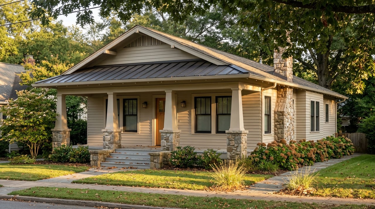 Renovated Craftsman cottage with a stone-columned porch, dark metal roof, and oak leaves scattered on the walkway.