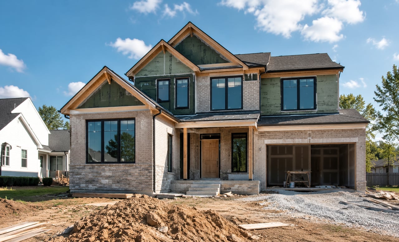 A horizontal, photorealistic image of a luxury new construction home being built in a Nashville neighborhood, showcasing modern architecture, premium materials, and an active construction site—illustrating the benefits and considerations of buying a newly built home in the Nashville real estate market.