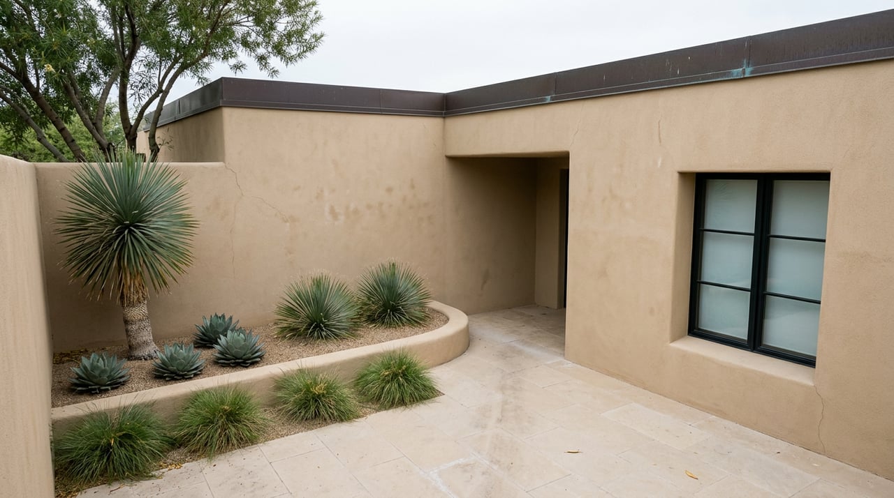 Walled stucco courtyard with limestone pavers, yucca and agaves, recessed window, and shaded doorway.