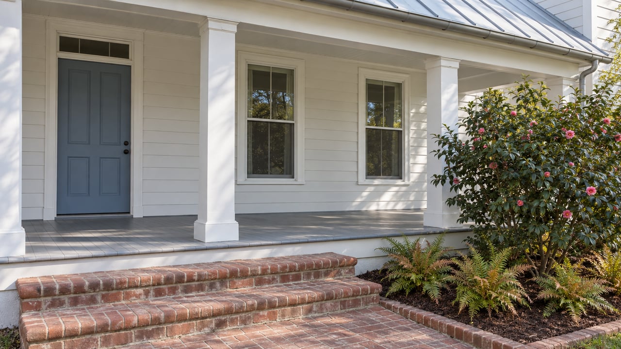 Light-painted traditional home with a pale metal roof, enclosed windows, brick porch steps, and a camellia planting bed.