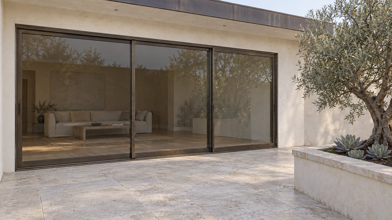 Compact limestone terrace with a raised planter holding a twisted olive tree and three silvery rosettes.