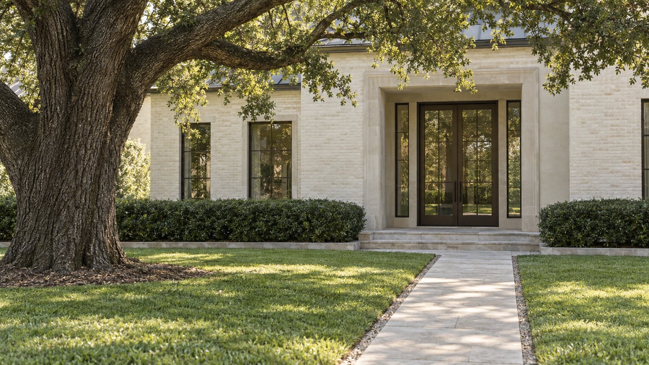 Ivory residence entry with bronze-framed glass doors, limestone walk, clipped shrubs, and a spreading live oak.