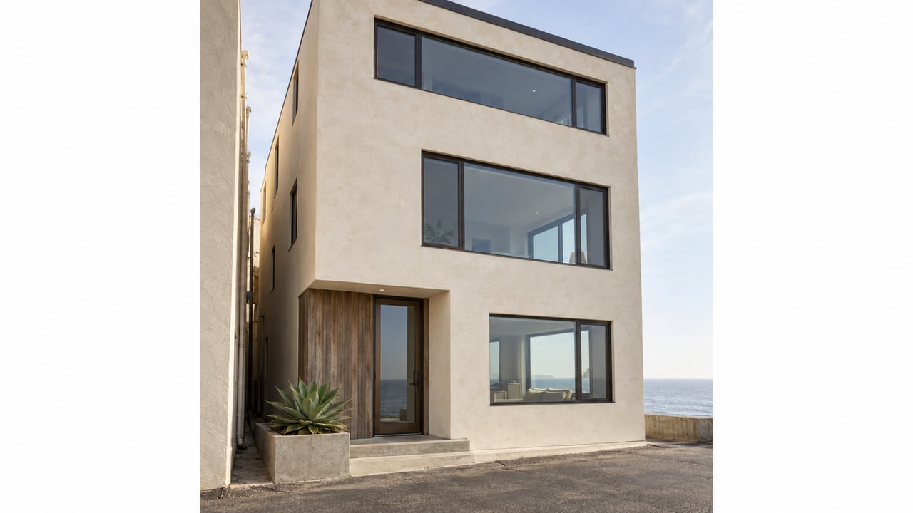 Three-story ivory coastal house with cedar entry cladding, dark-framed windows, and an agave beside the steps.