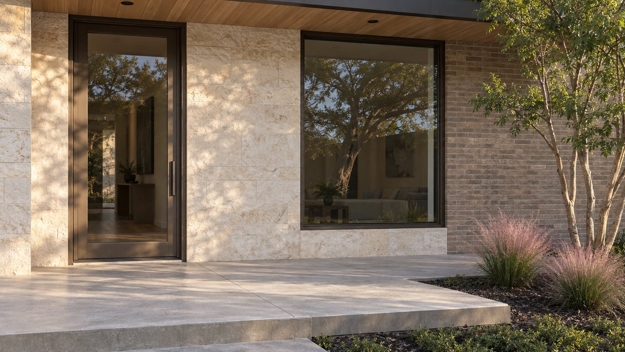 Contemporary home entry with a bronze-framed glass door, limestone and brick walls, and a sculptural tree.