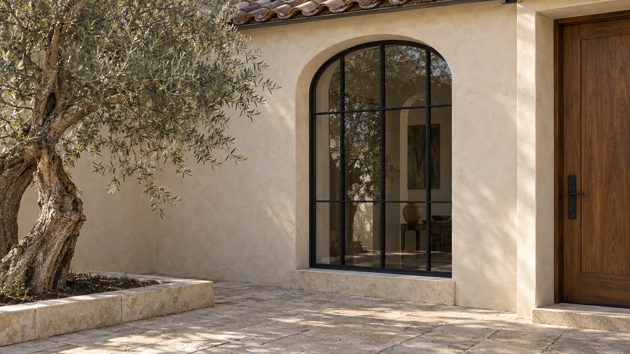 Arched black-steel window in a cream stucco house, beside a walnut door and olive tree.