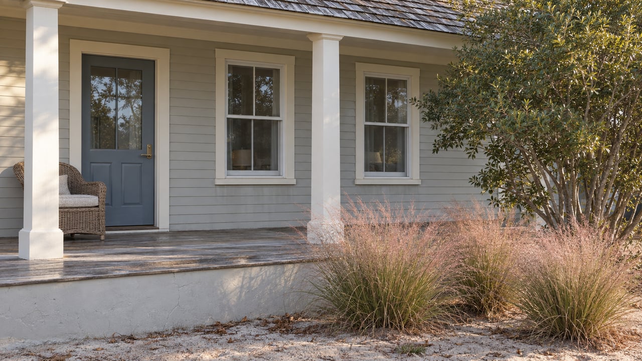 Weathered pale-sided coastal home with a sheltered porch, blue-gray door and pink autumn grasses.