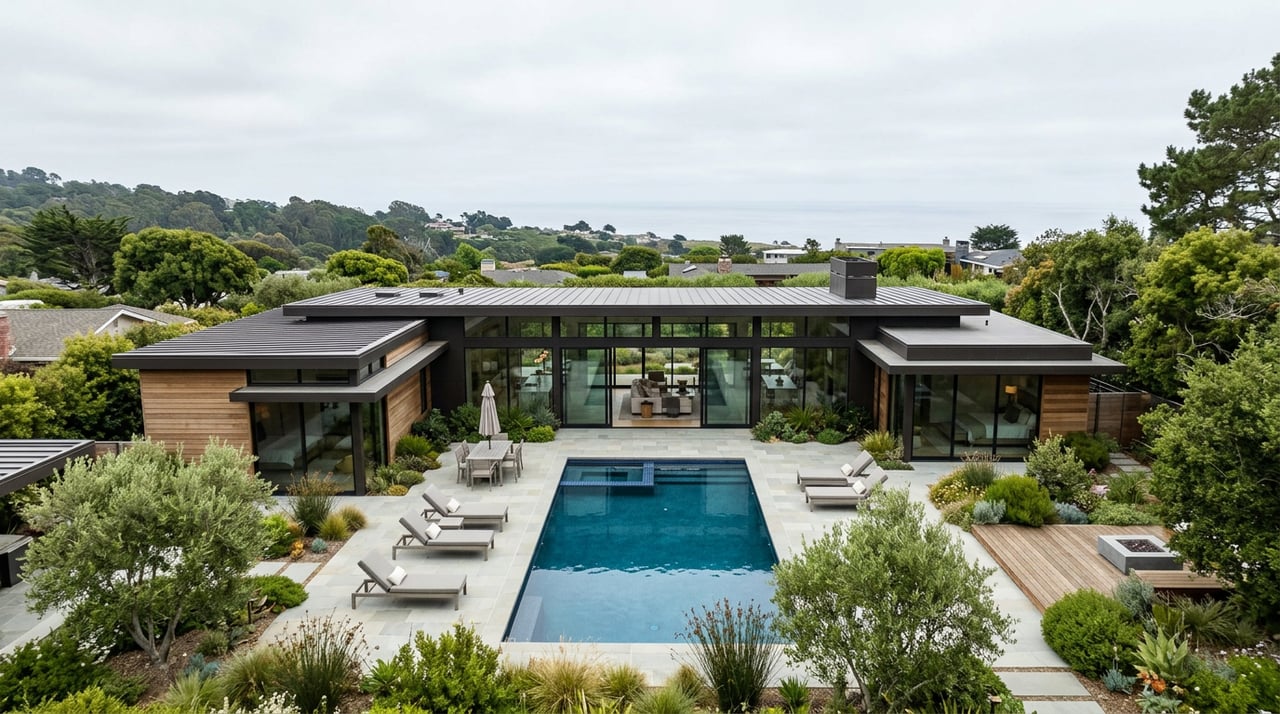 Single-story contemporary home with walnut soffits and black-framed glass overlooking a private pool terrace.