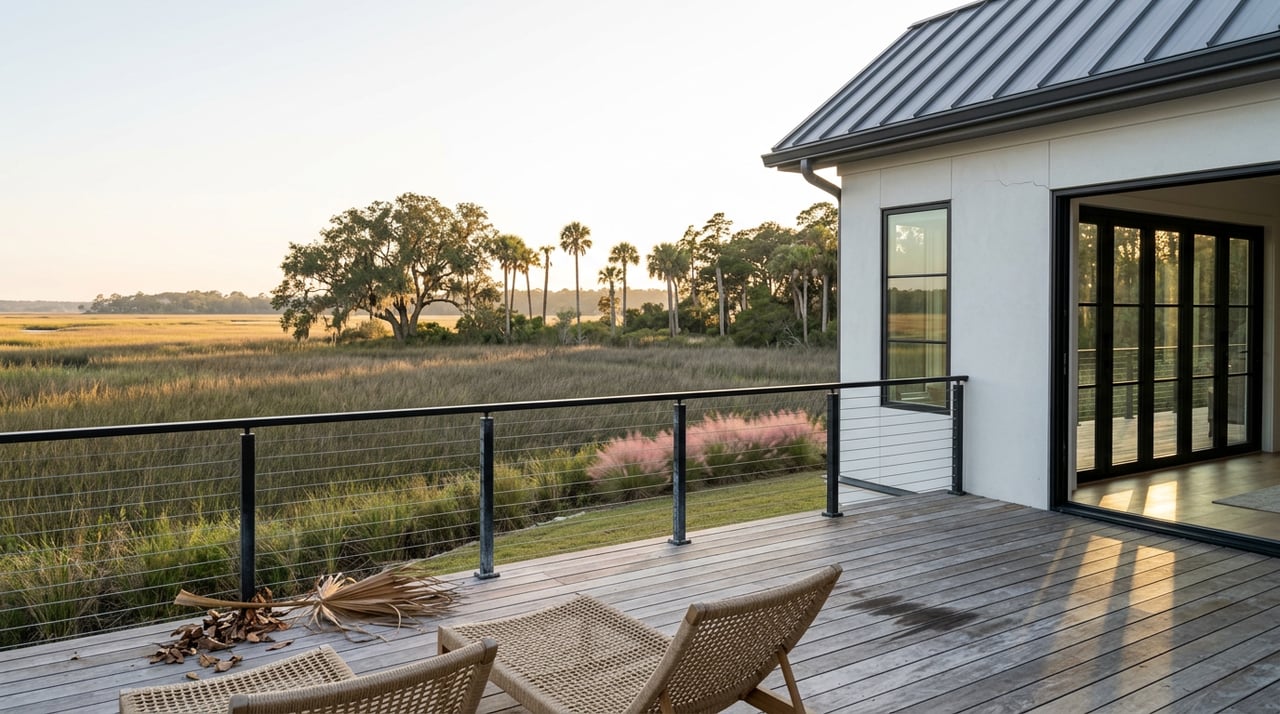 Elevated coastal house deck with rope lounge chairs overlooking marsh grass and a distant tree line.