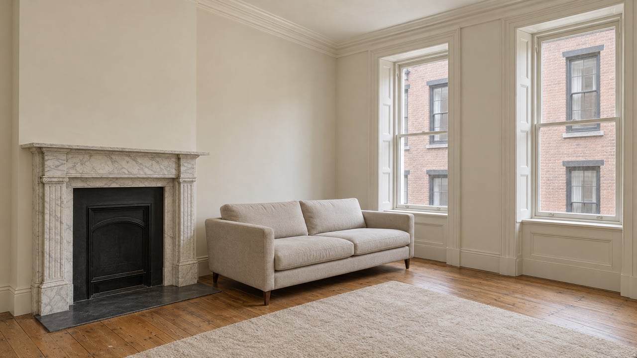 Tall sash windows illuminate an ivory parlor with preserved cornice, a marble fireplace, oak floors and a wool sofa.