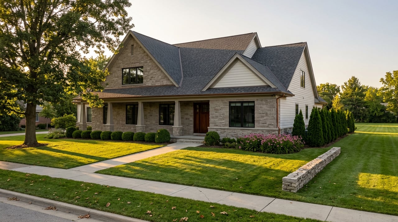 Stone-and-siding estate with a covered porch, deep lawn, mature oak, and purple coneflowers along the walkway.