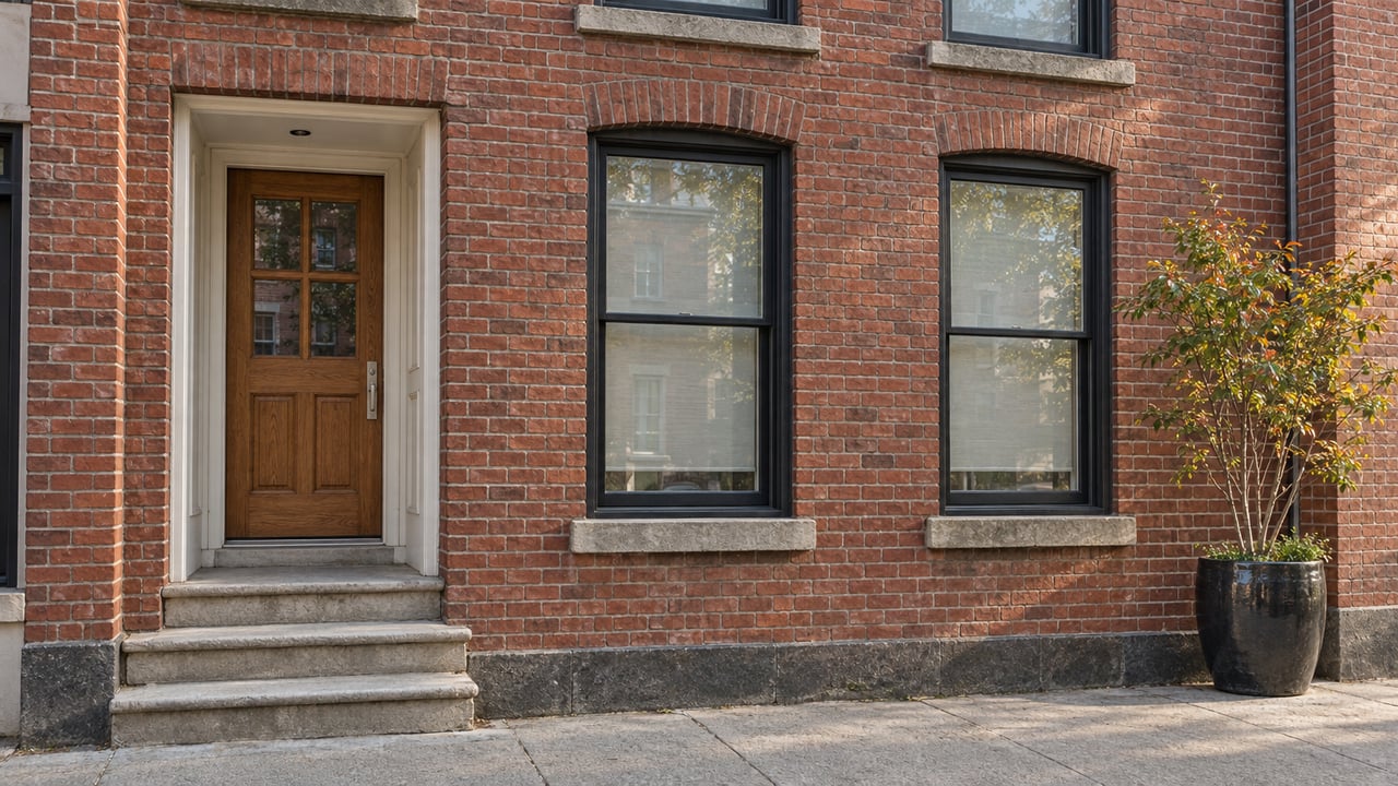 Morning light on an aged red-brick rowhome entrance with an oak door, limestone steps and black-framed windows.