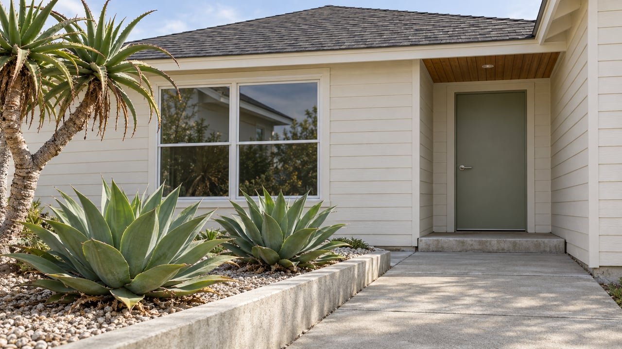 Close view of a light-sided single-story home with a sage entry door, dark shingle gable, concrete walk, tree aloe and agave planting.