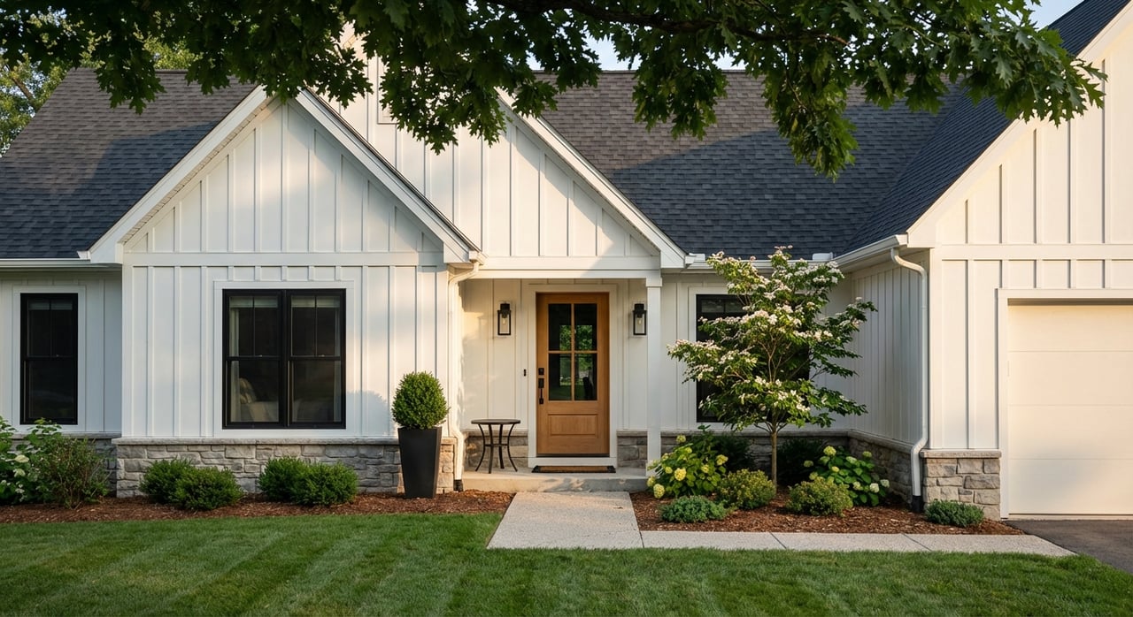 Home exterior viewed from the front approach in golden-hour light.