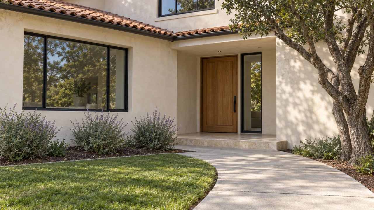 An oak front door recessed beneath a tiled roof, with ivory stucco, black-framed windows, a concrete garden approach and a mature oak.