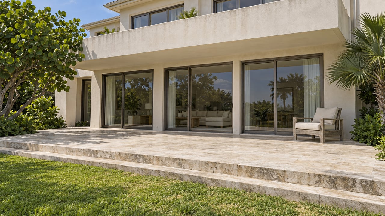 White stucco home with bronze-gray sliding glass doors, a limestone terrace, and a teak lounge chair framed by a sea grape tree and silver thatch palm.
