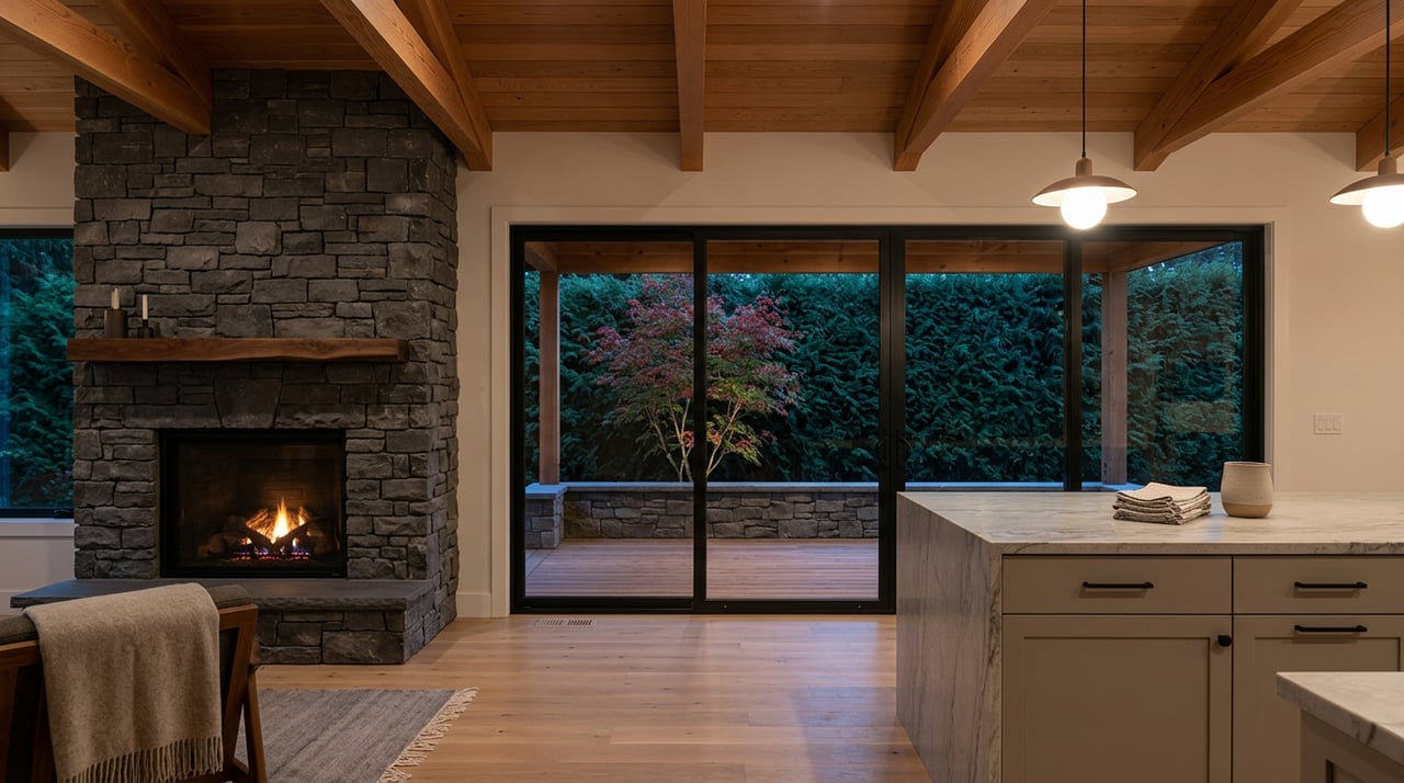 Vaulted timber great room with a basalt fireplace, walnut mantel, waterfall island, and glass doors opening onto a hedge-lined deck.