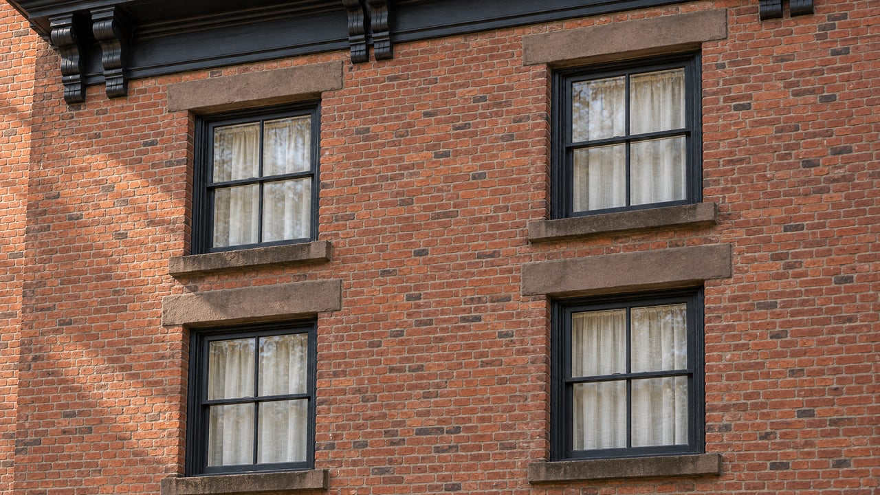 Morning sun grazes weathered red brick, brown sandstone window surrounds and four black-painted sash windows on an attached townhouse.