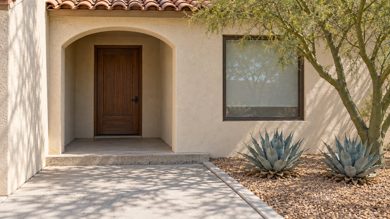 Sunlit cream stucco home entrance with a shaded wood door, clay roof tiles, and blue agaves beside a concrete walk.