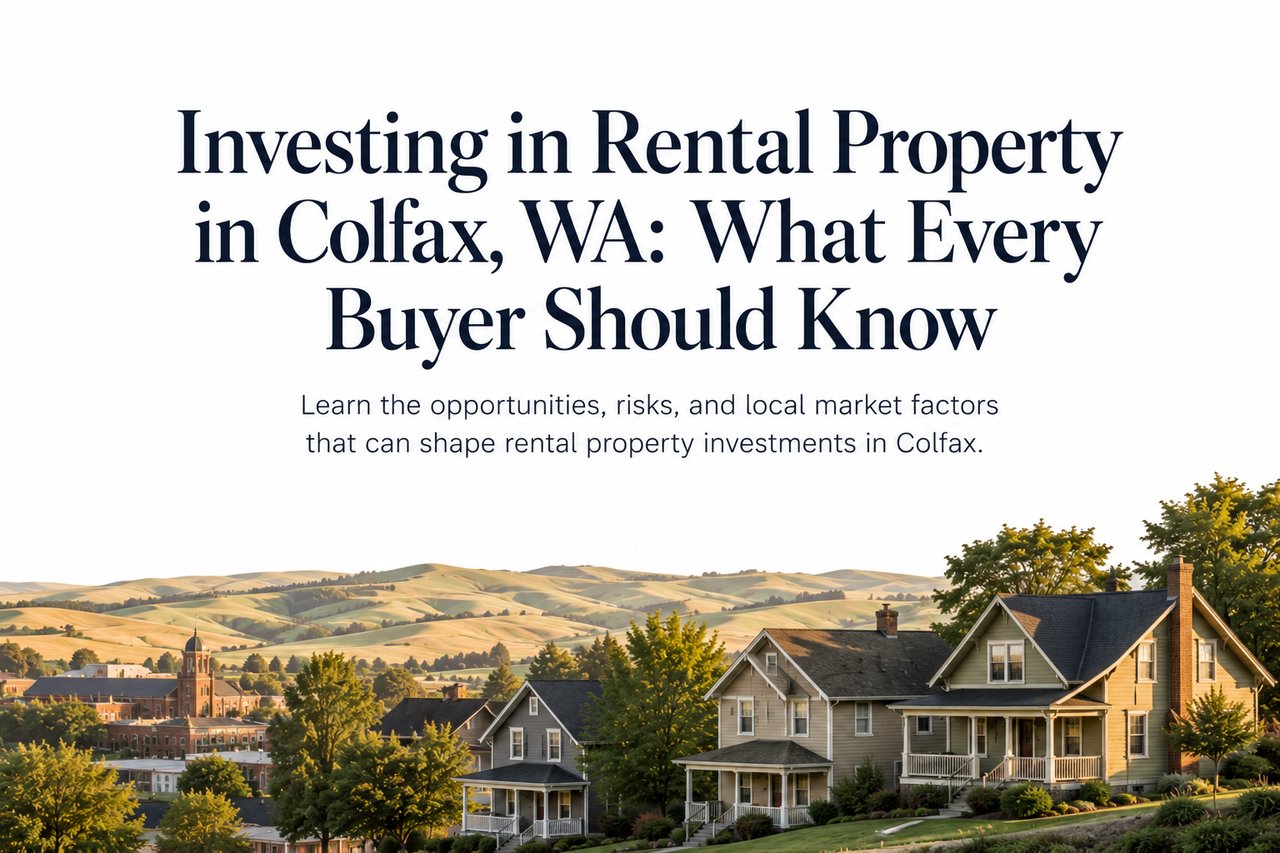 Minimalist editorial-style graphic featuring rental homes and rolling Palouse farmland representing real estate investing in Colfax, Washington.