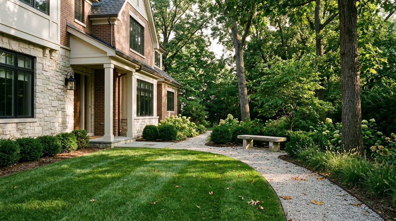 Curving crushed-limestone path beside a stone-and-brick home beneath mature trees.