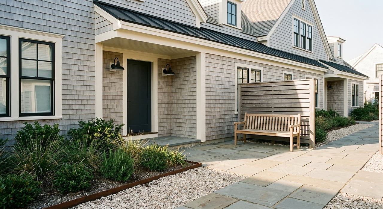 Shared townhouse entry with a teak bench, cedar screen, silvered shingles, and coastal grasses beside a bluestone walk.