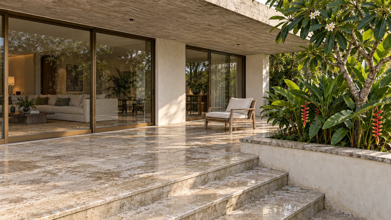 A modern home's damp limestone terrace and descending steps beside a raised tropical planter, with bronze-framed glass doors and a single teak lounge chair.