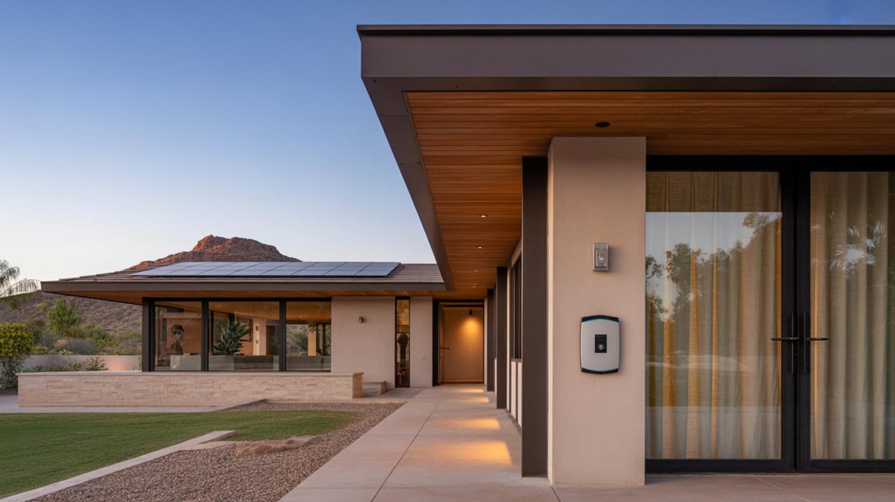 Modern desert home with solar panels, a wall-mounted charger, and a rocky mountain in the background.